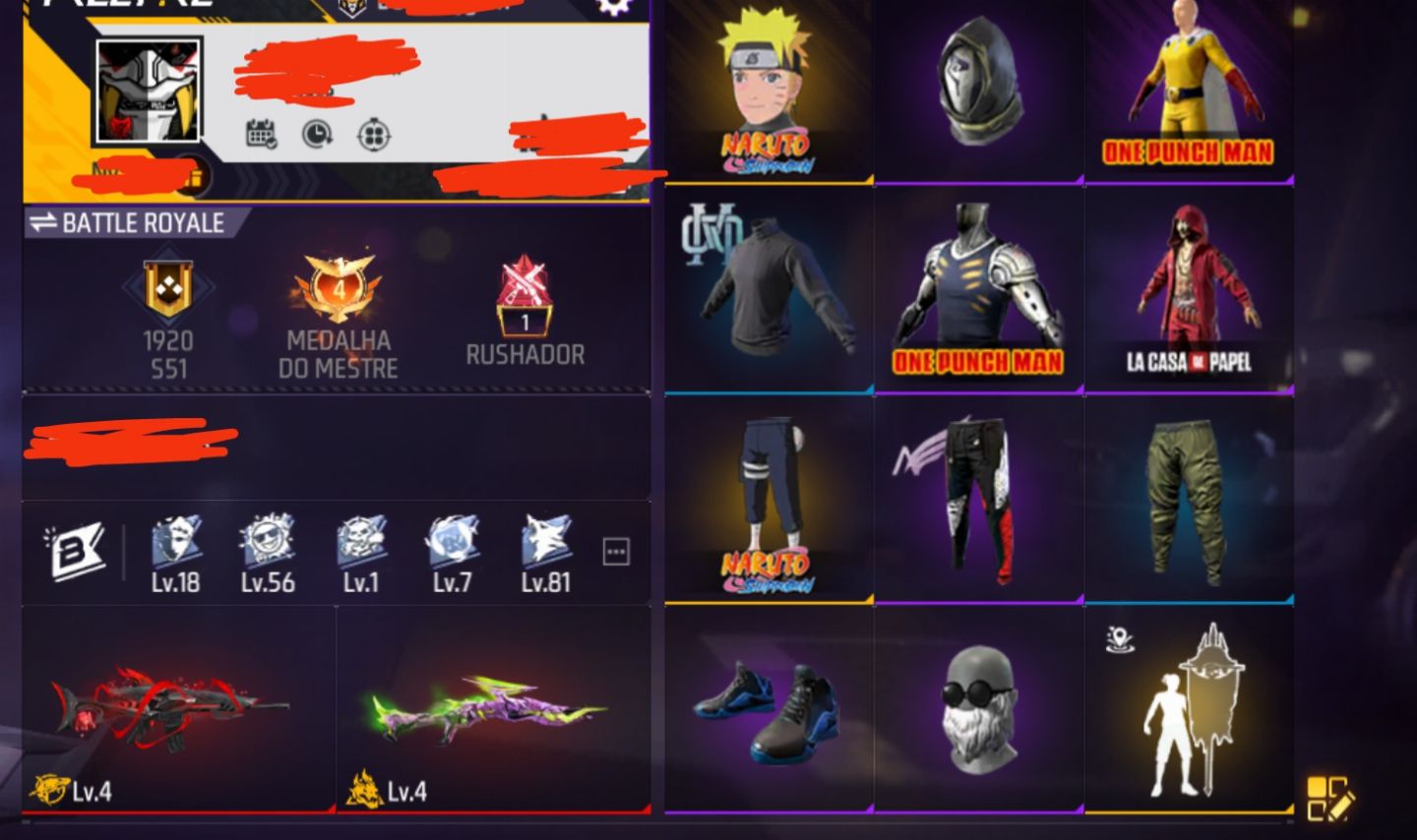 Conta de Free Fire com muitas parcerias, punho do Saitama e evolutivas!