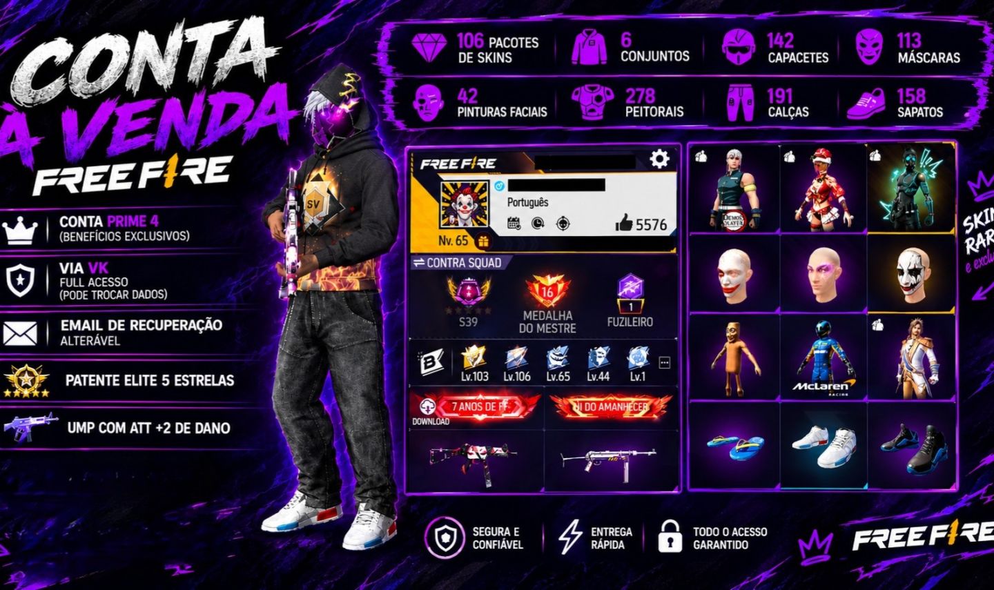 Conta Free Fire Nv. 65 Gemada desde 2018 - itens antigos - Parceria Mclaren