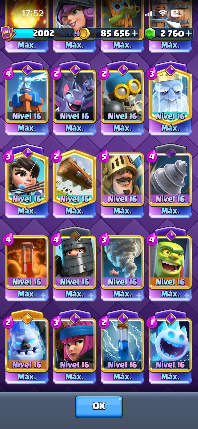CONTA CLASH ROYALE 8 ANOS| NÍVEL 2002 | 32 EVOLUÇÕES | 8 HERÓIS | 42 CARTAS MAX