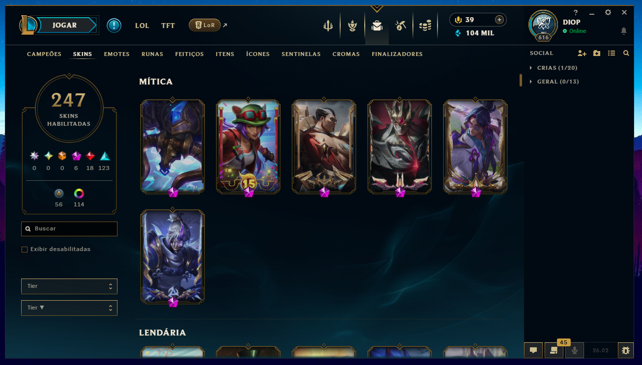 Conta League of Legends LVL 616 - Platina 247 Skins