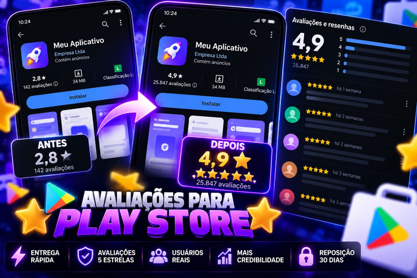 AVALIAÇÕES PLAY STORE 5 ESTRELAS | PERSONALIZADAS | ENTREGA RÁPIDA | MENOR PREÇO