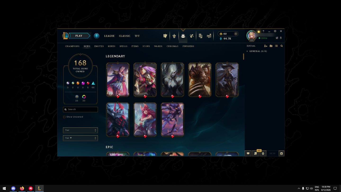 CONTA LOL - 168 SKINS | LVL 492 - 8 legendarys - 68 epics - 33 chromas