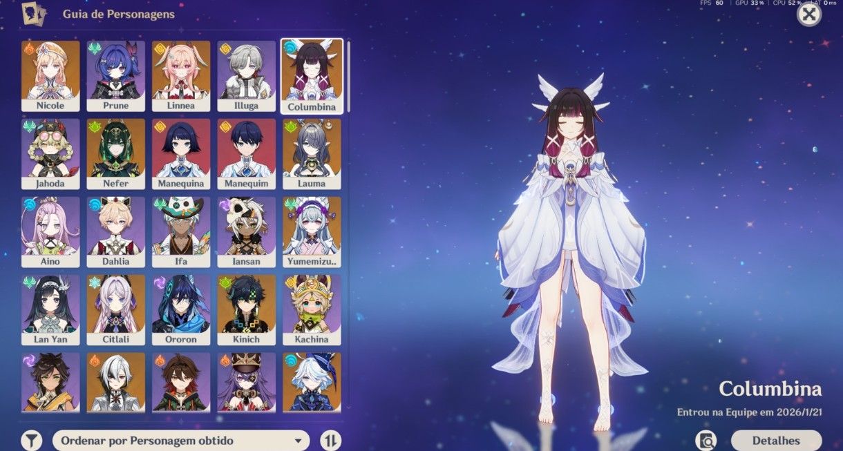 Conta de Genshin ar 57 com 16 personagens t5 e diversas armas t5