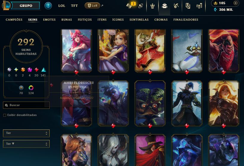 Conta lvl 701 MMR de esmeralda 292 skins 124 cromas 306mil de essência azul