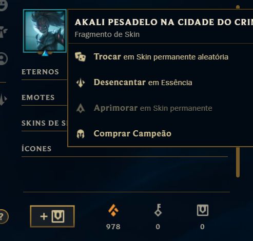 CONTA LEVEL 21 | SKIN FRAGMENTO AKALI PESADELO NA CIDADE DO CRIME | 20K EA