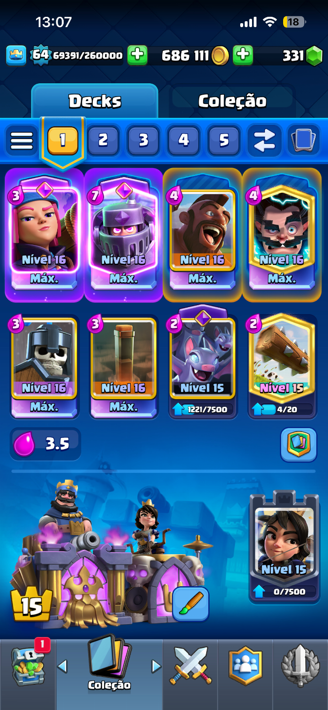 CONTA CLASH ROYALE 8 ANOS, CARTAS LEVEL 16 E 20 EVOLUÇÕES (VALOR NEGOCIAVEL)