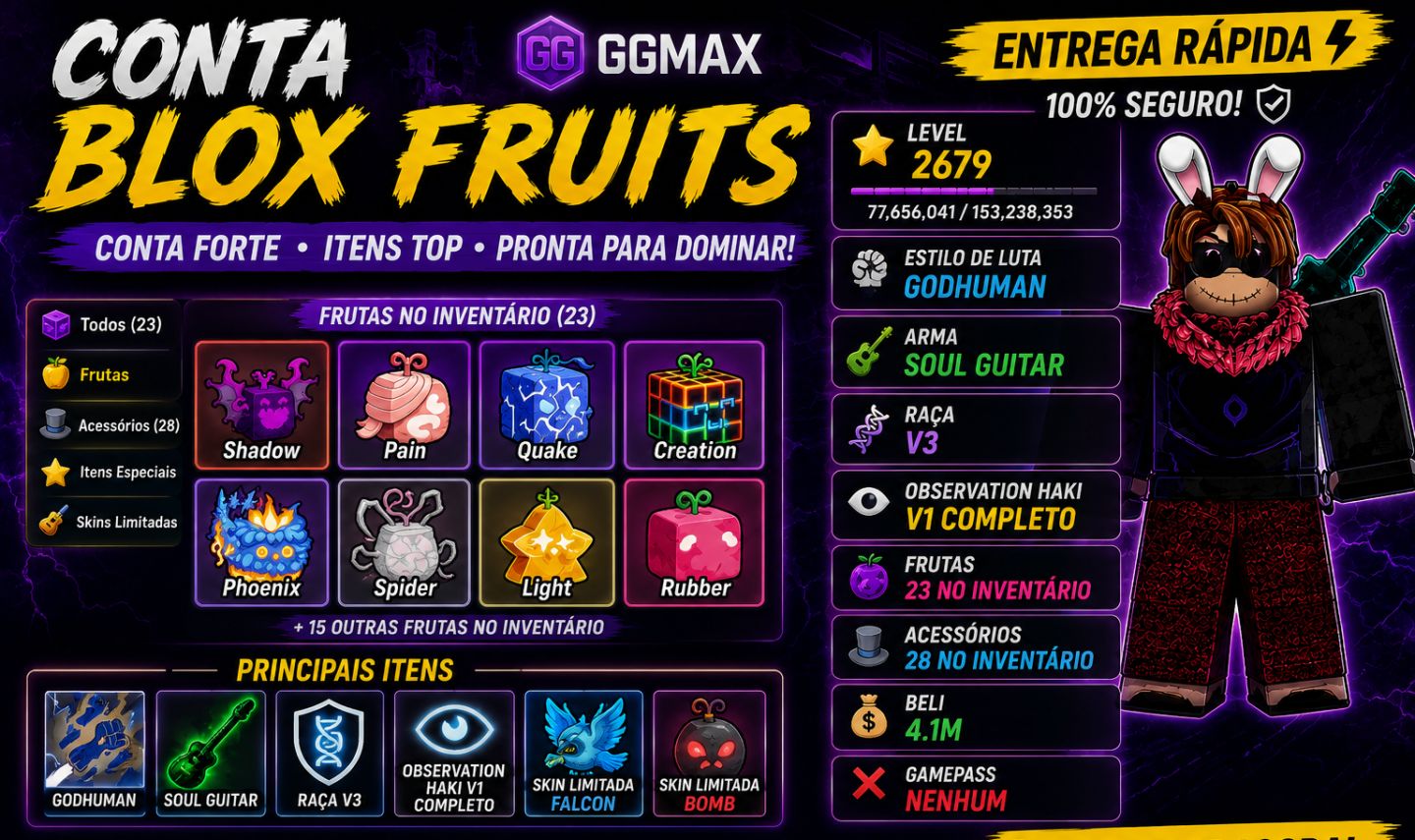 BLOX FRUITS | LVL 2679 | GODHUMAN + SOUL GUITAR | SKINS LIMITADAS