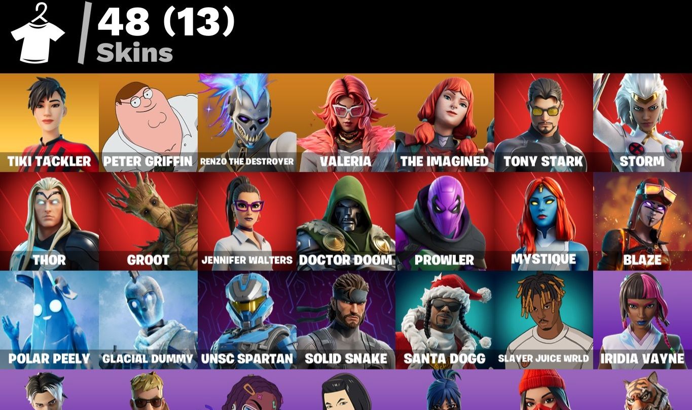 CONTA FORTNITE 48 SKINS TIKI TACKLER /MYSTIQUE / GLACIAL DUMMY / TEMPESTADE