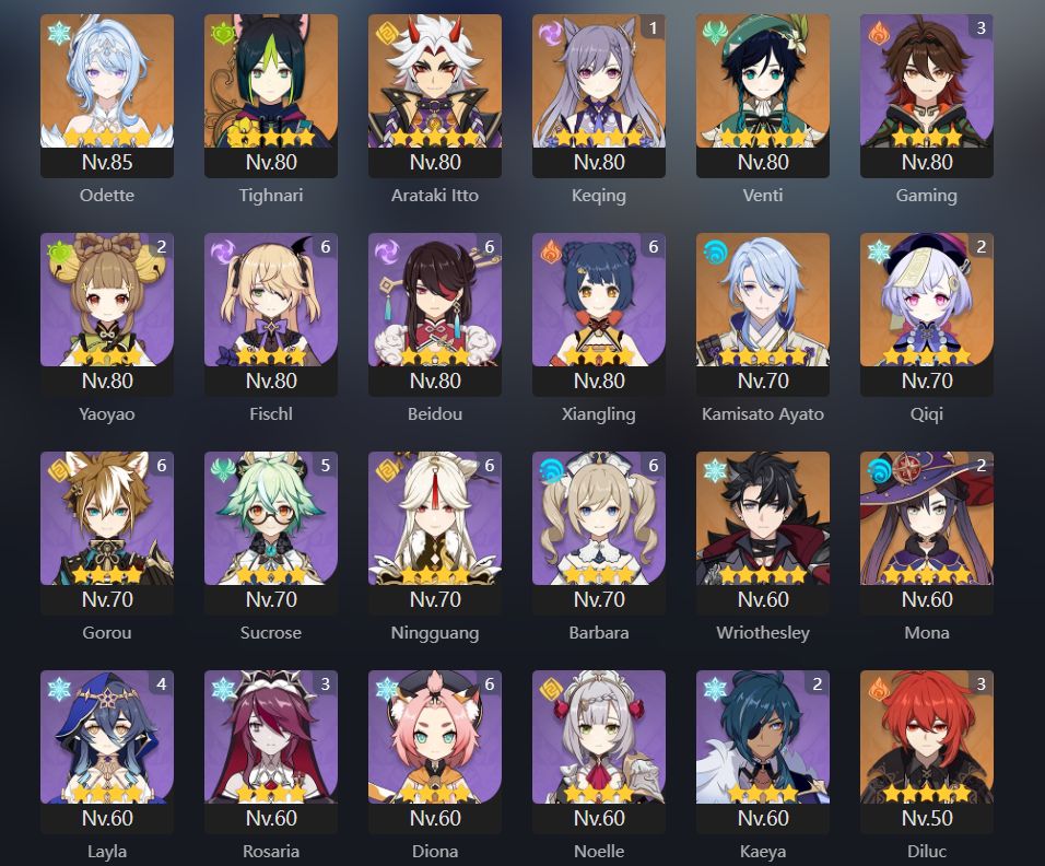 Conta late game, AR 60, Sandrone C1, Odette, yae miko, Flins, Columbina, citlali