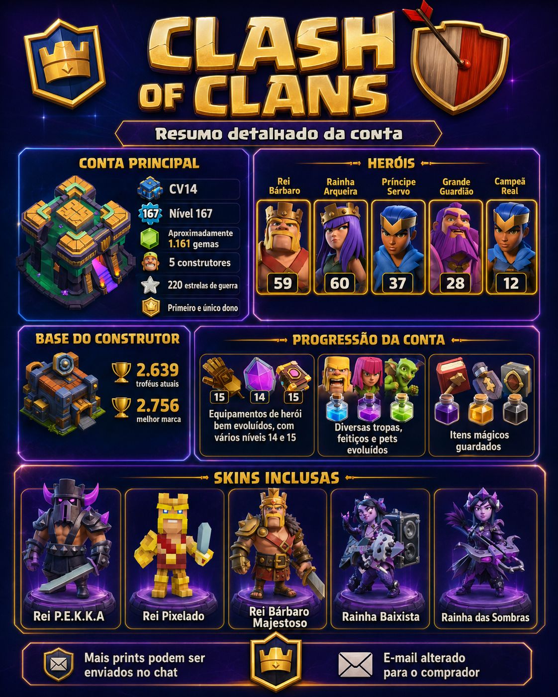 COMBO SUPERCELL 2017 | CR 9.281 TROFÉUS + COC CV14 | 5 EVOS + 5 SKINS