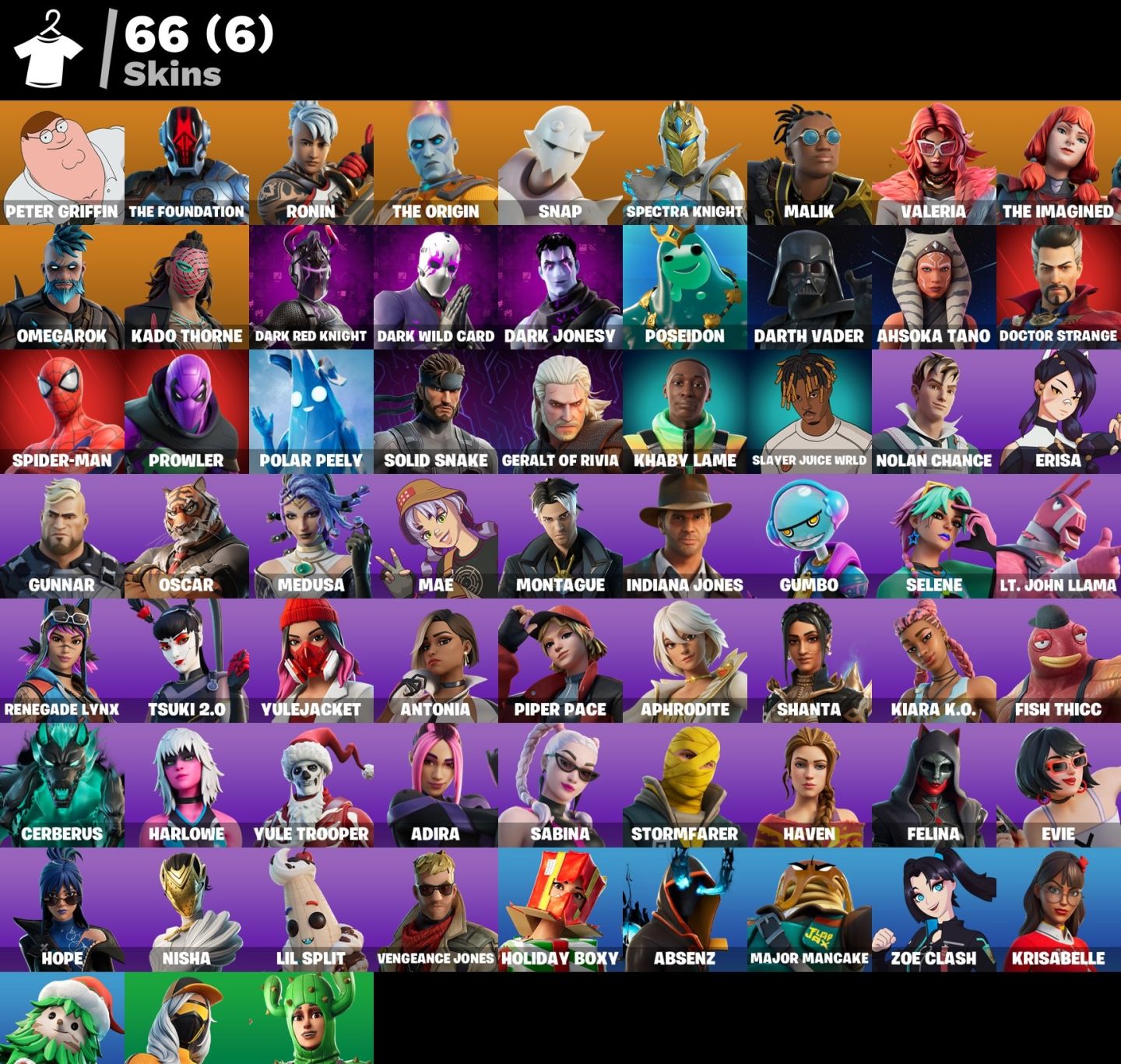 CONTA FORTNITE 66 SKINS/DARK RED & JONESY & WILD/SPIDER-MAN/DOCTOR STRANGE