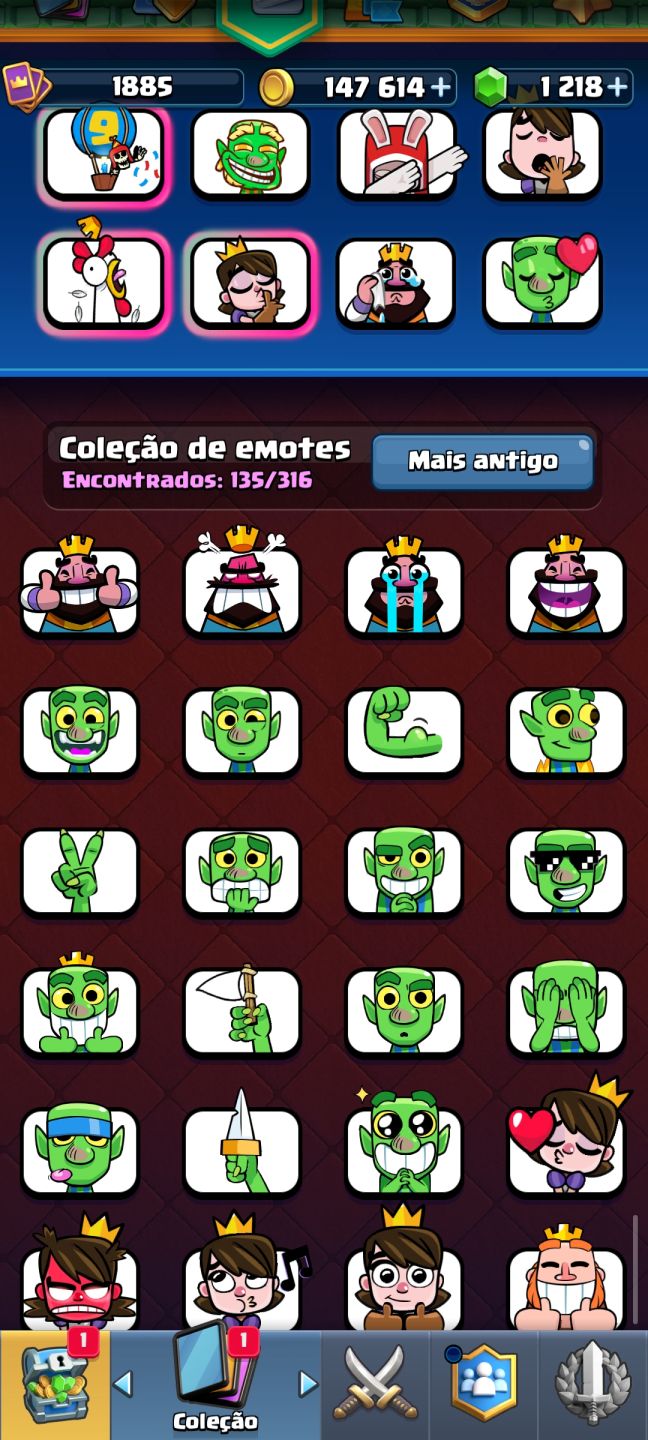 Conta Clash Royale niver da conta 16, vários emoji e evolução.