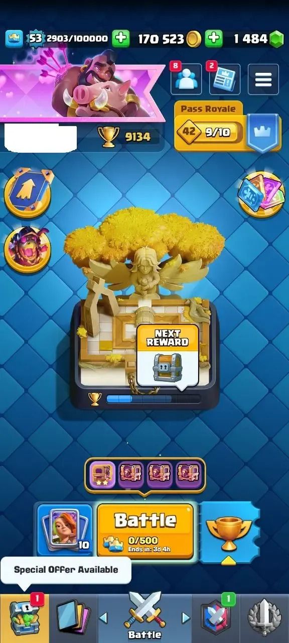 Conta Clash Royale nível 53, 9134 troféus, 48 cartas máx, 95 emotes, 1484 gemas