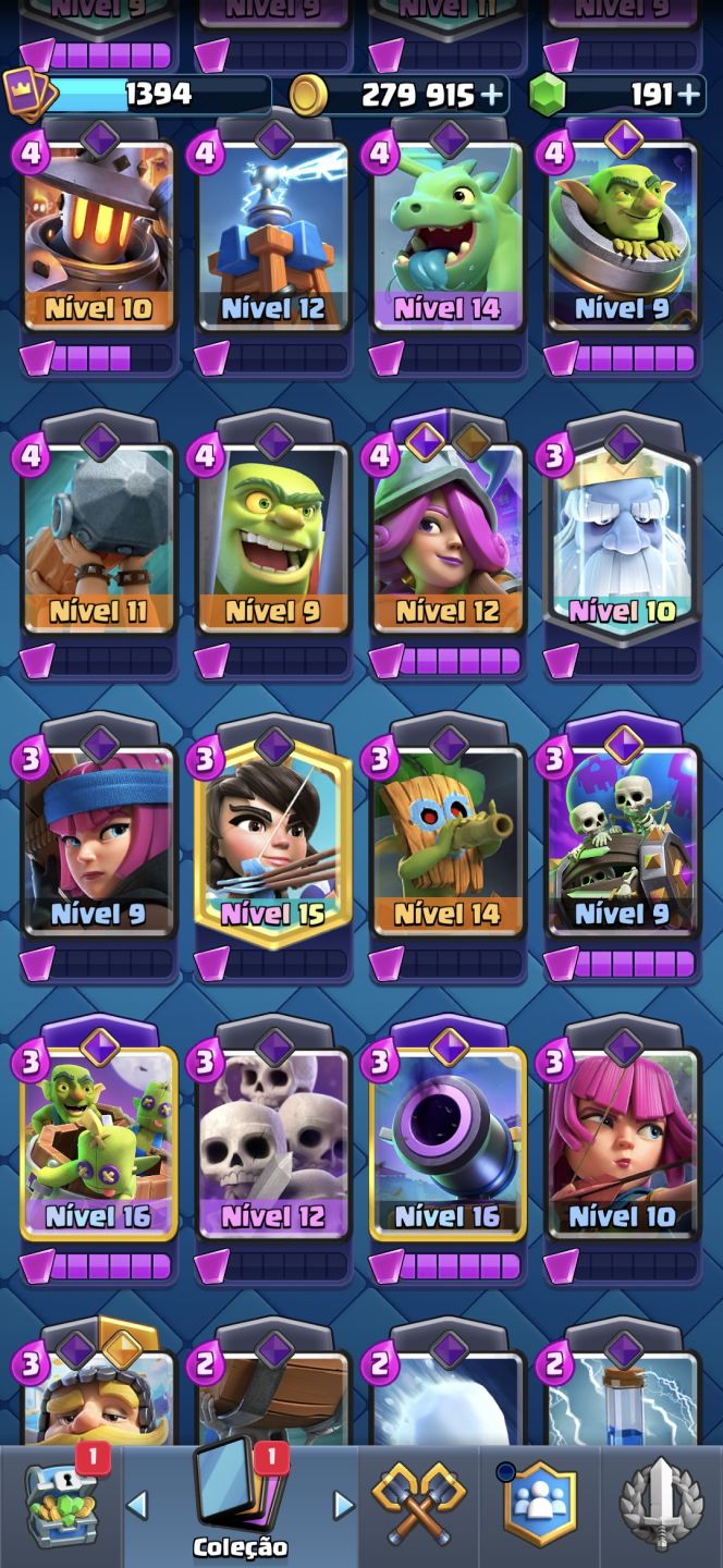 Clash royale, deck de log bait evocannon quase no máximo, 4 heróis e 10 evo