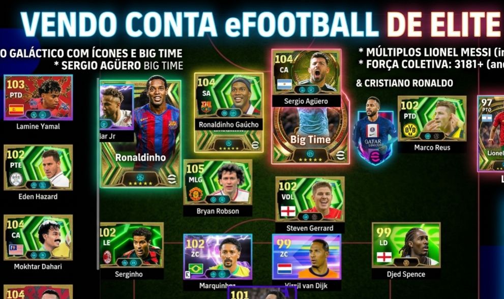 CONTA EFOOTBALL COM RONALDINHO, NEYMAR,CR7, MESSI, AGUERO E MUITO MAIS.
