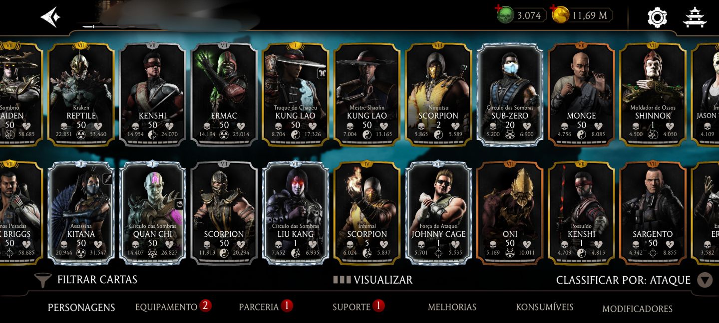 Conta de Mortal Kombat mobile diversos personagens diamante