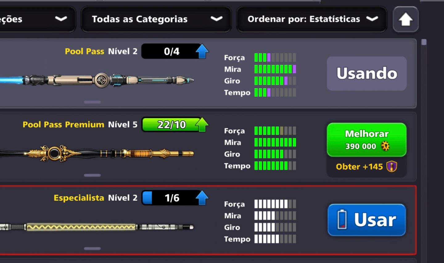 Conta de 8 ball pool muito boa nível 44 com muitos tacos fortes