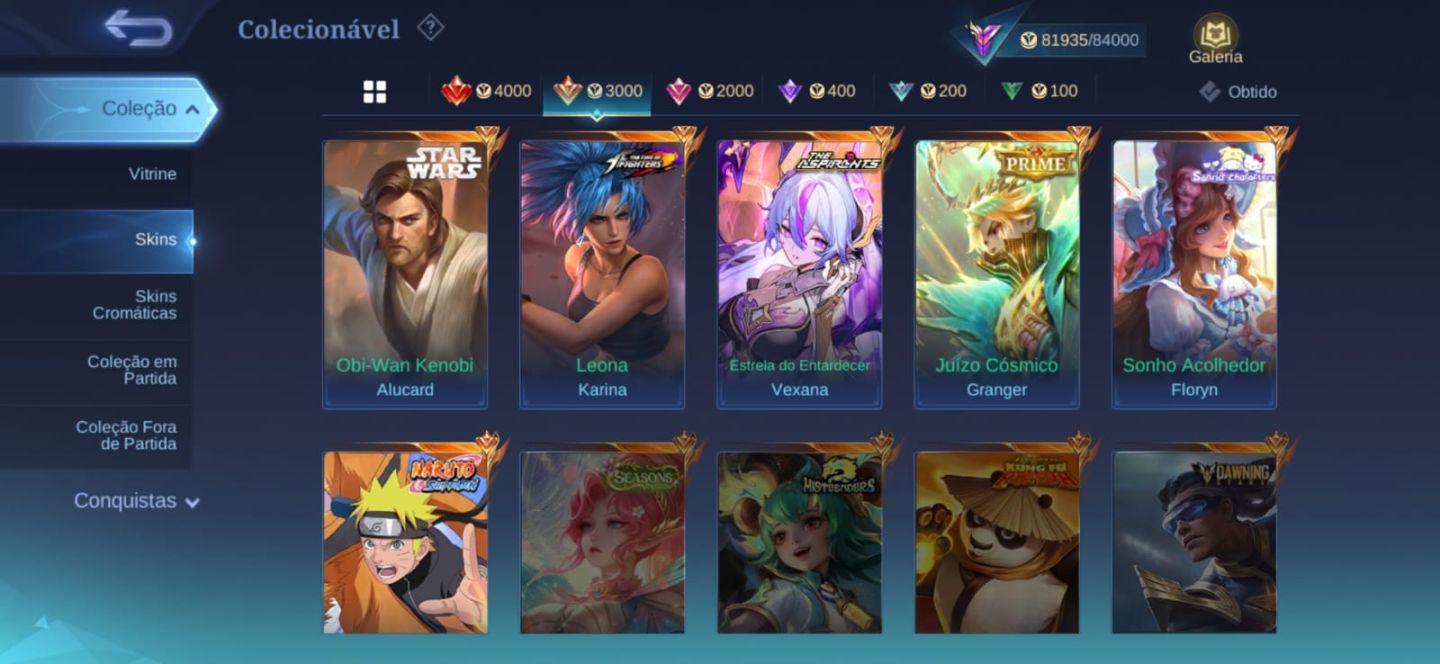 Conta de Mobile Legends Cheia de Skins