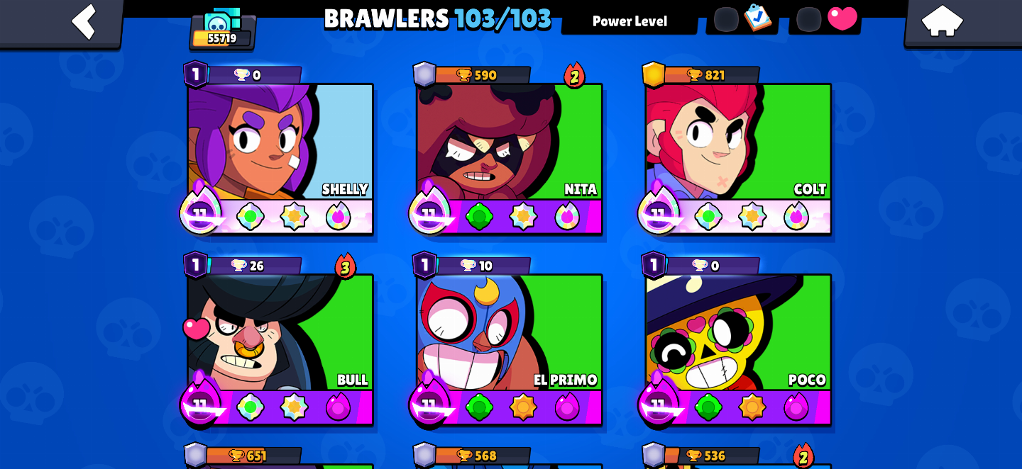 [55K TROFÉUS]CONTA FULL BRAWLERS(103/103)-25 HYPERCHARGES-MUITOS LEVEL 11 FULL