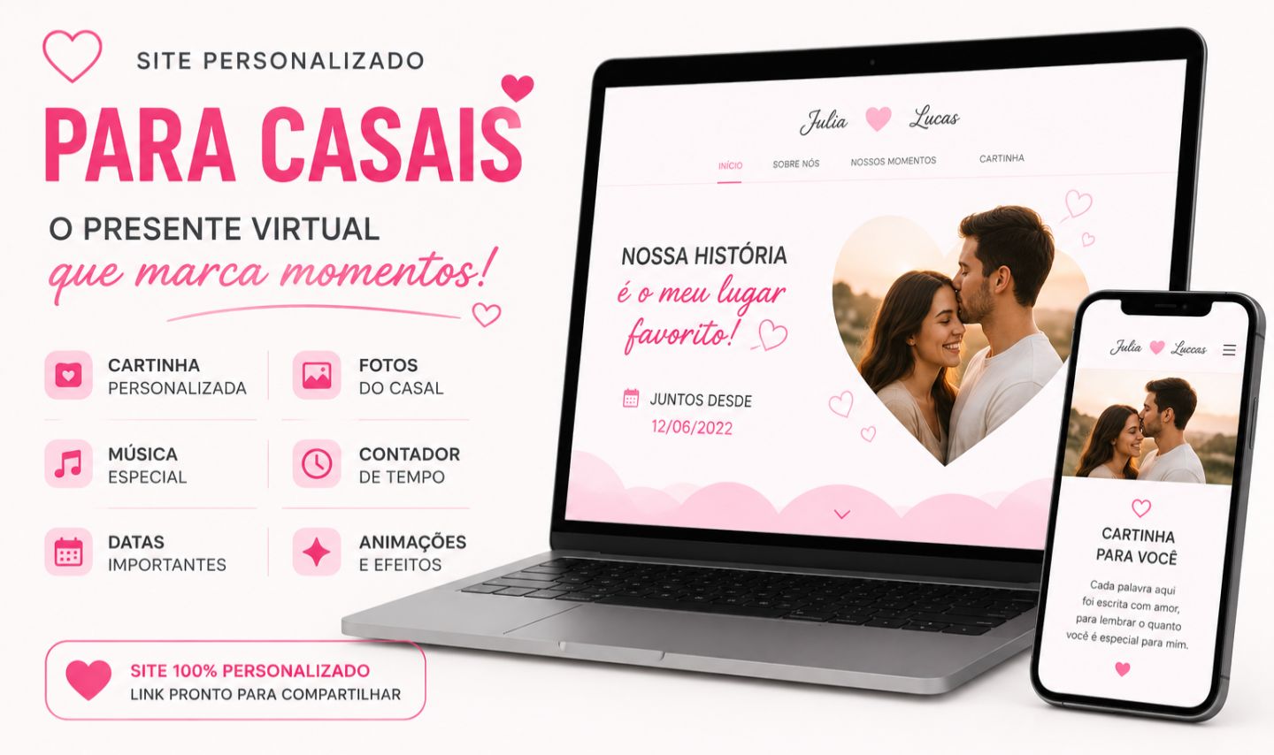 Site Personalizado para Casais | Presente Virtual | Fotos, Música e Cartinha