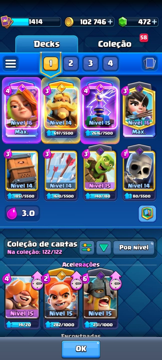CONTA CLASH ROYALE NIVEL 15, VARIAS EVOS E HEROIS