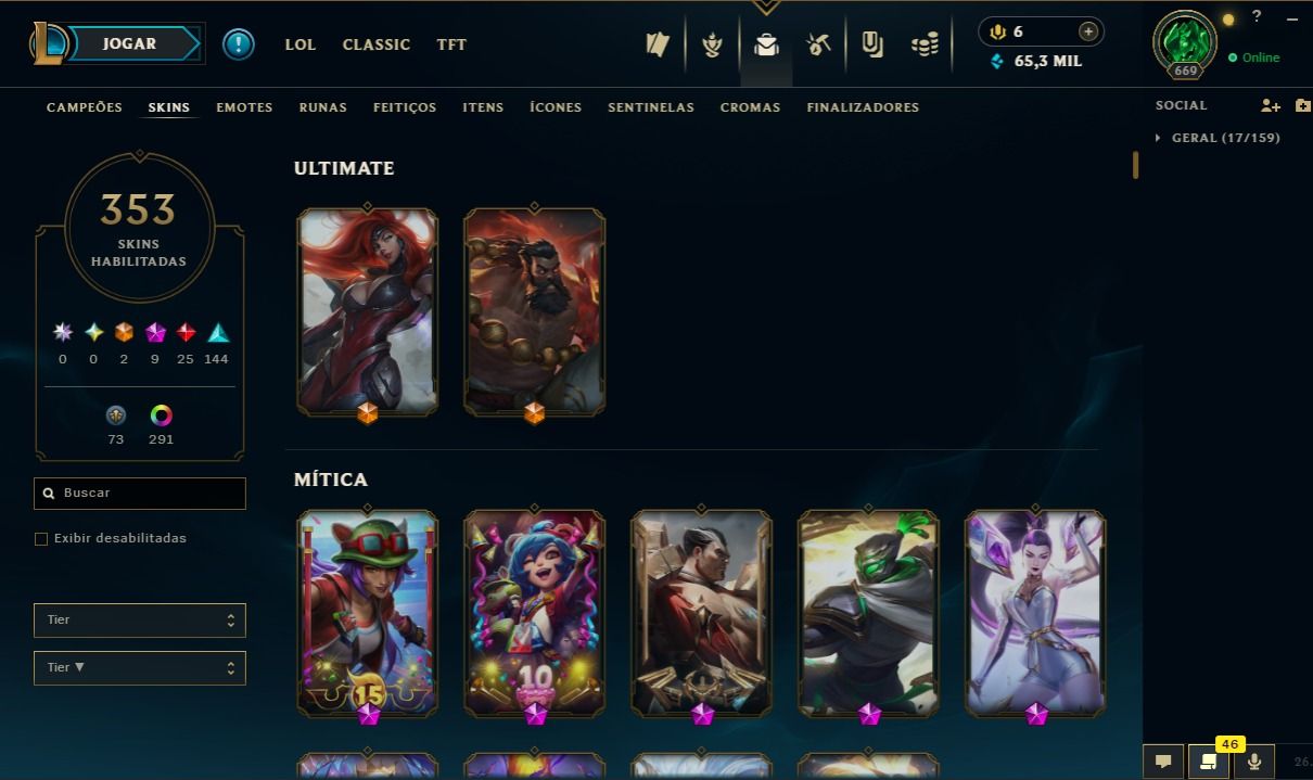 Conta de LoL com 353 SKINS + Conta de Valorant com skins e LvL 118.