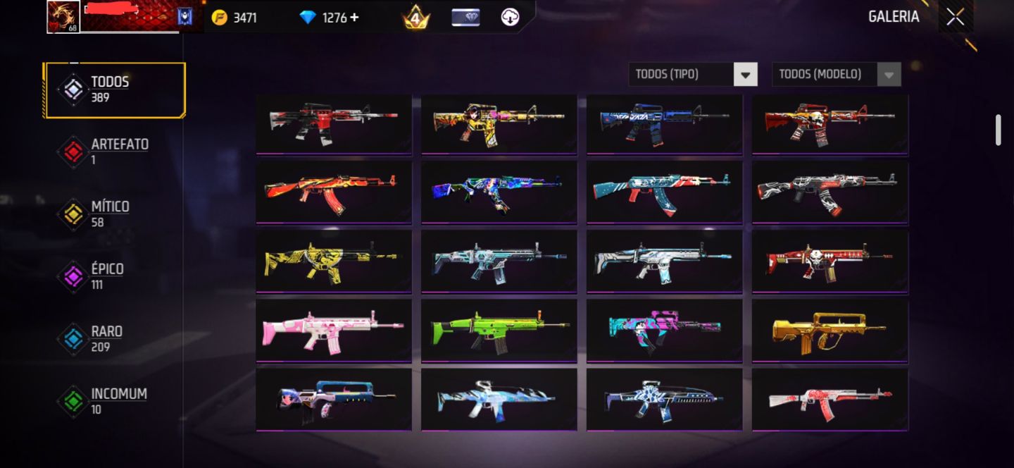 CONTA FREE FIRE NÍVEL 68 | 1.276 DIAMANTES | 400 CAMISAS | LOGIN VK + EMAIL