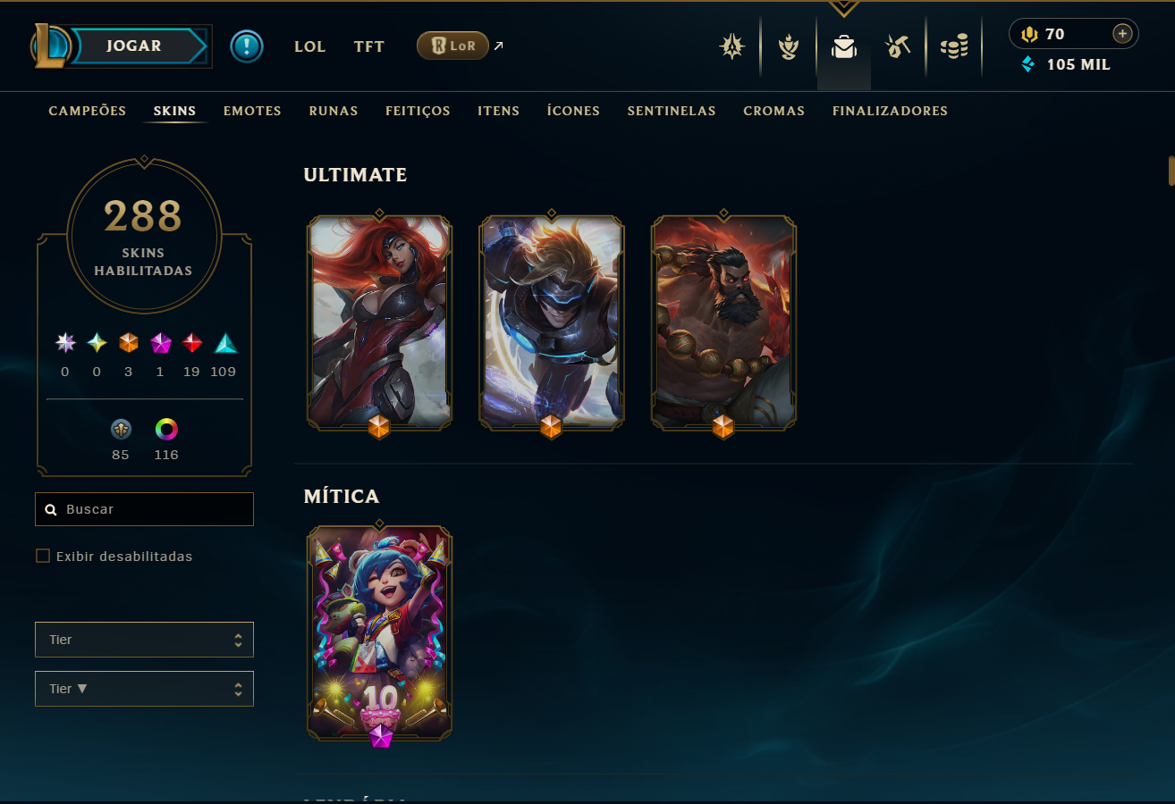 Conta LoL Esmeralda atual, 2013, 288 Skins, Todos Campeões