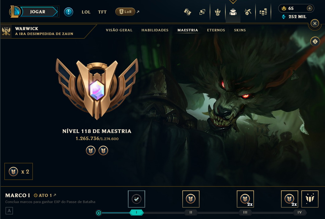 Conta LoL Mono WW / 1,2kk Maestria / 252k EA / SKIN 291/ LVL667
