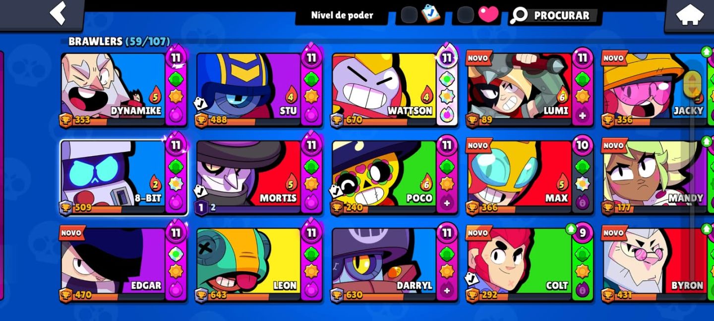 Conta braw stars relativamente boa com skins do bob esponja oito e bit antivirus