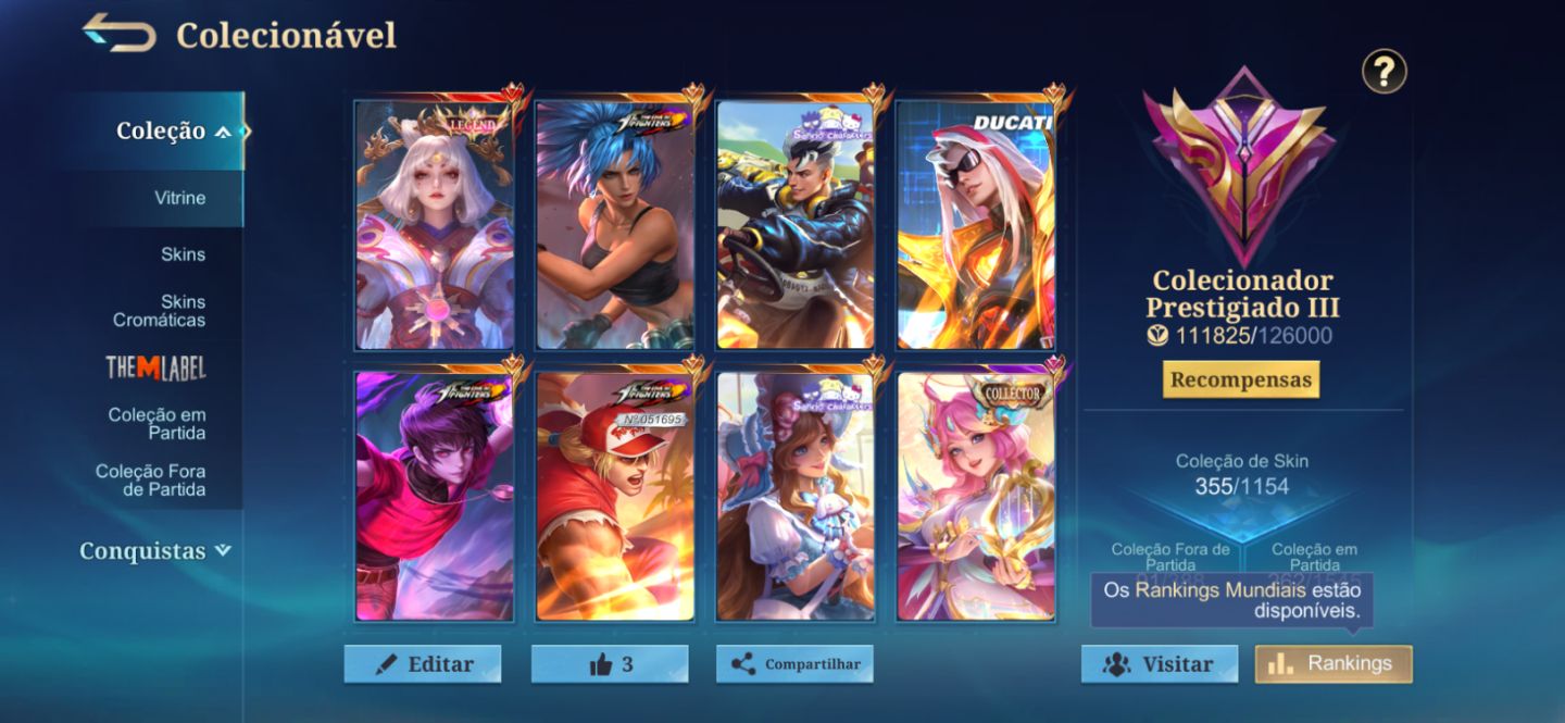 CONTA MLBB 342 SKINS IMORTAL | LEGEND, COLLECTOR, KOF, DUCATI, SANRIO