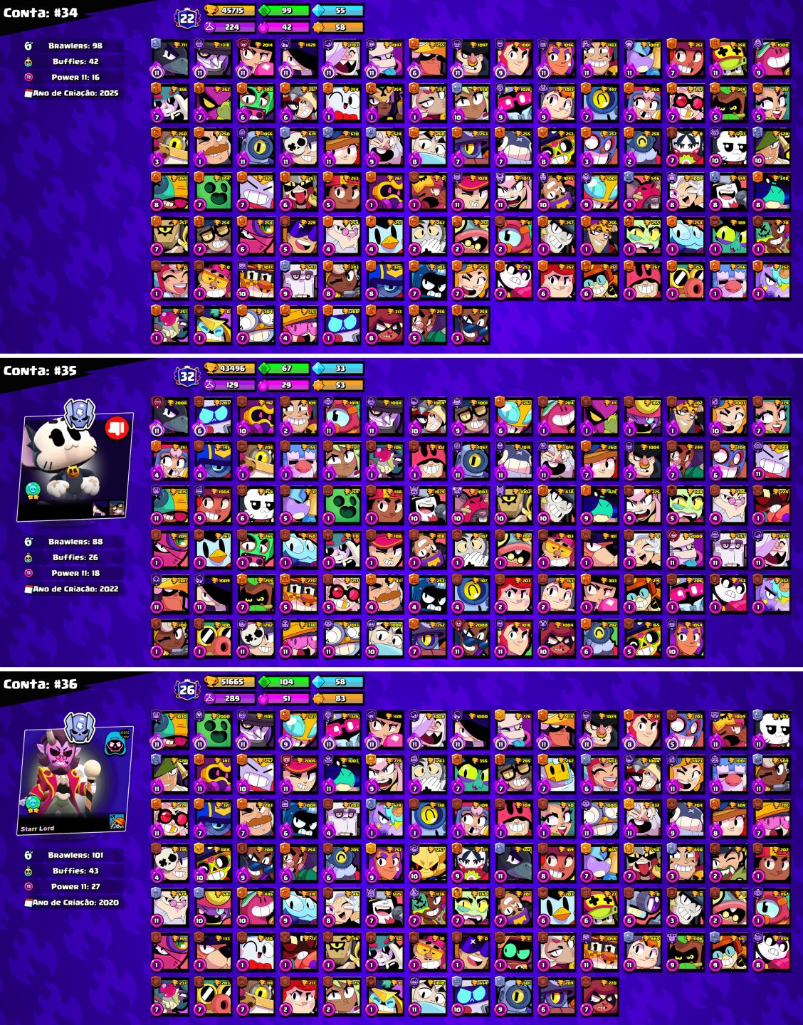 CONTAS BRAWL STARS c/LENDÁRIOS e MUITOS TROFÉUS!!