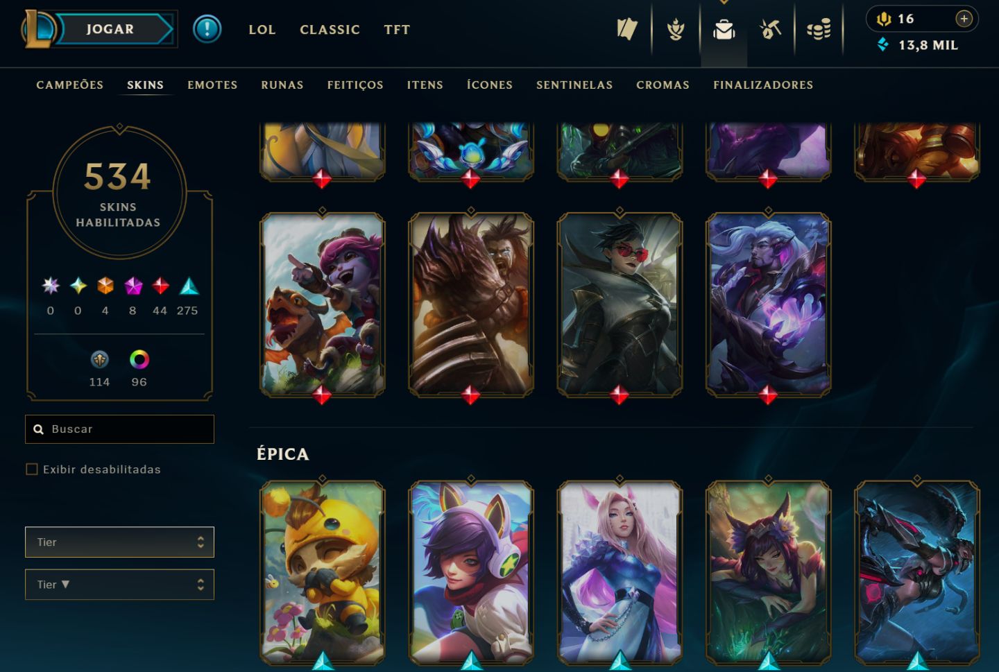CONTA LOL NÍVEL 388 | 534 SKINS | 44 LENDÁRIAS | 4 ULTIMATE | 8 MÍTICAS