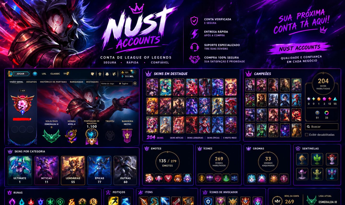 CONTA LOL 204 SKINS | 2 MÍTICAS | 12 LENDÁRIAS | ESMERALDA III
