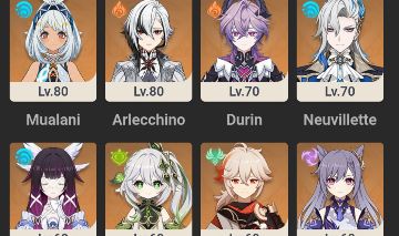 Conta de genshin impact com neuvillete, columbina, durin, Arlecchino e mais