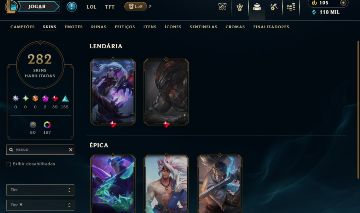 CONTA DE LOL MESTRE;DIAMANTE COM 282 SKINS, UNICO DONO, FULL ACESSO.