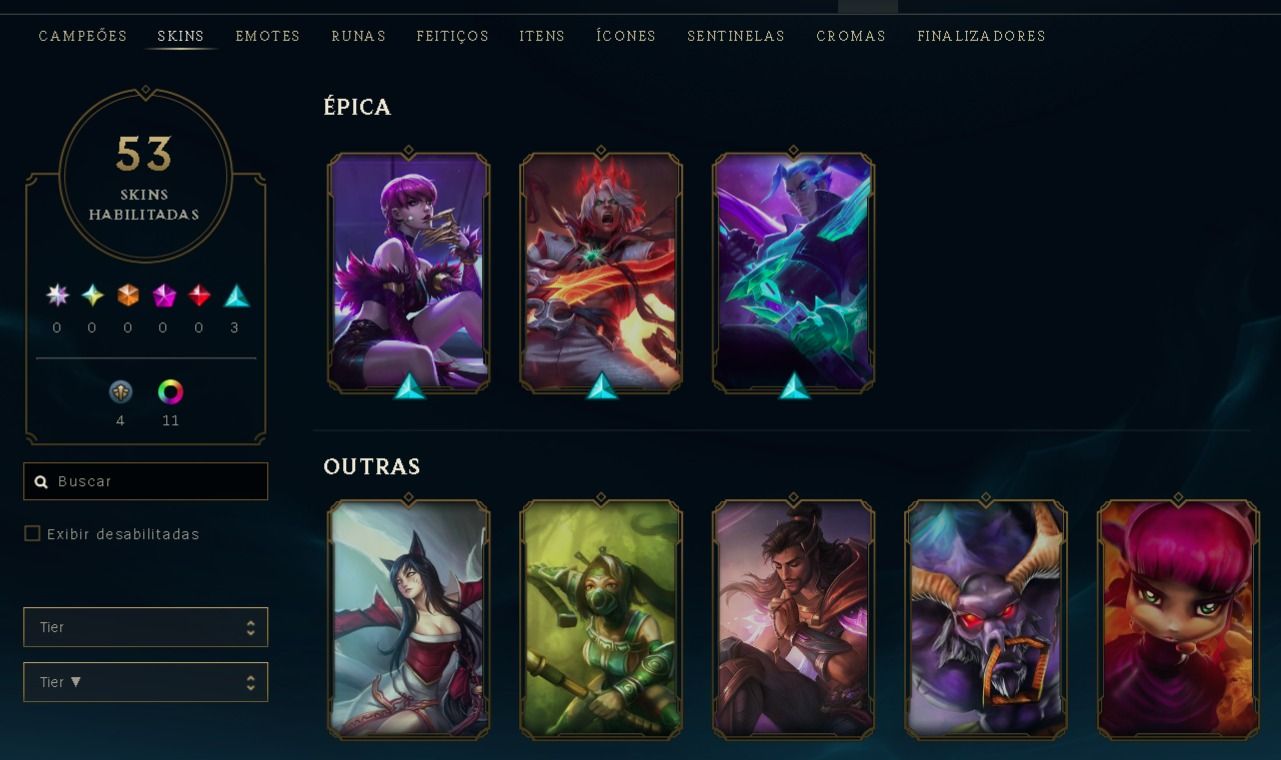 Conta de League Of Legends 3 Skins Epicas 12 skins totais Platina 4