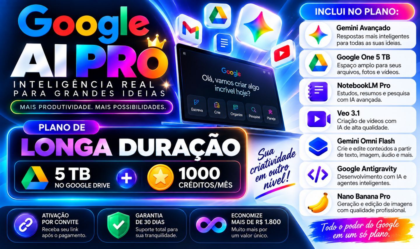 GOOGLE DRIVE 5TB + GEMINI AI PRO & VEO 3 + ANTIGRAVIDADE PRIVADO E COMPARTILHADO