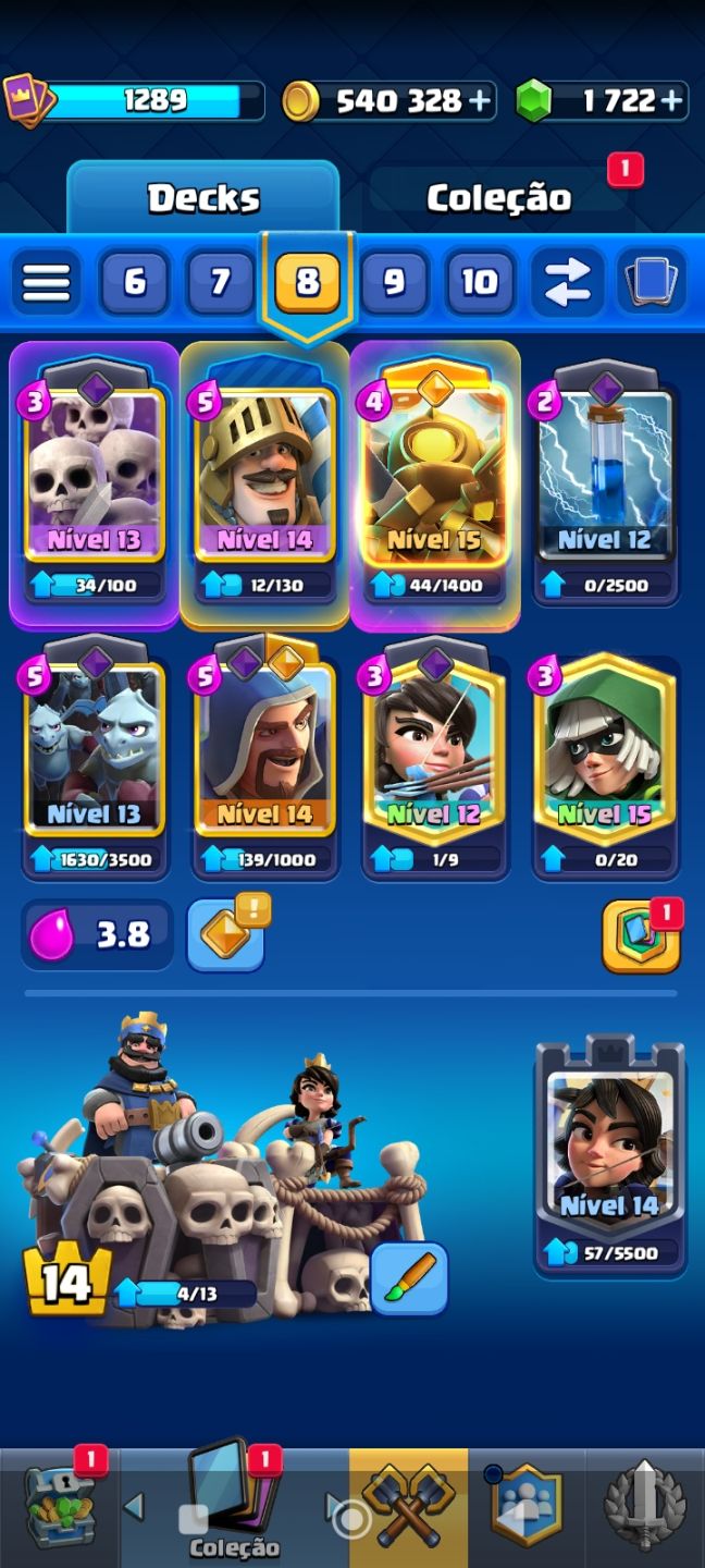 CLASH ROYALE Nível 14 120/122 Cartas Campeãs Lv.14/15 540k Ouro
