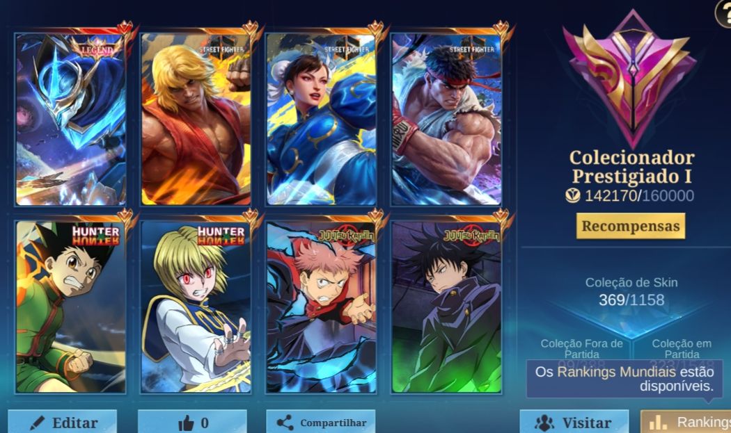 CONTA MOBILE LEGENDS MUITAS COLABS STREET, KOF, JUJUTSU,HXH