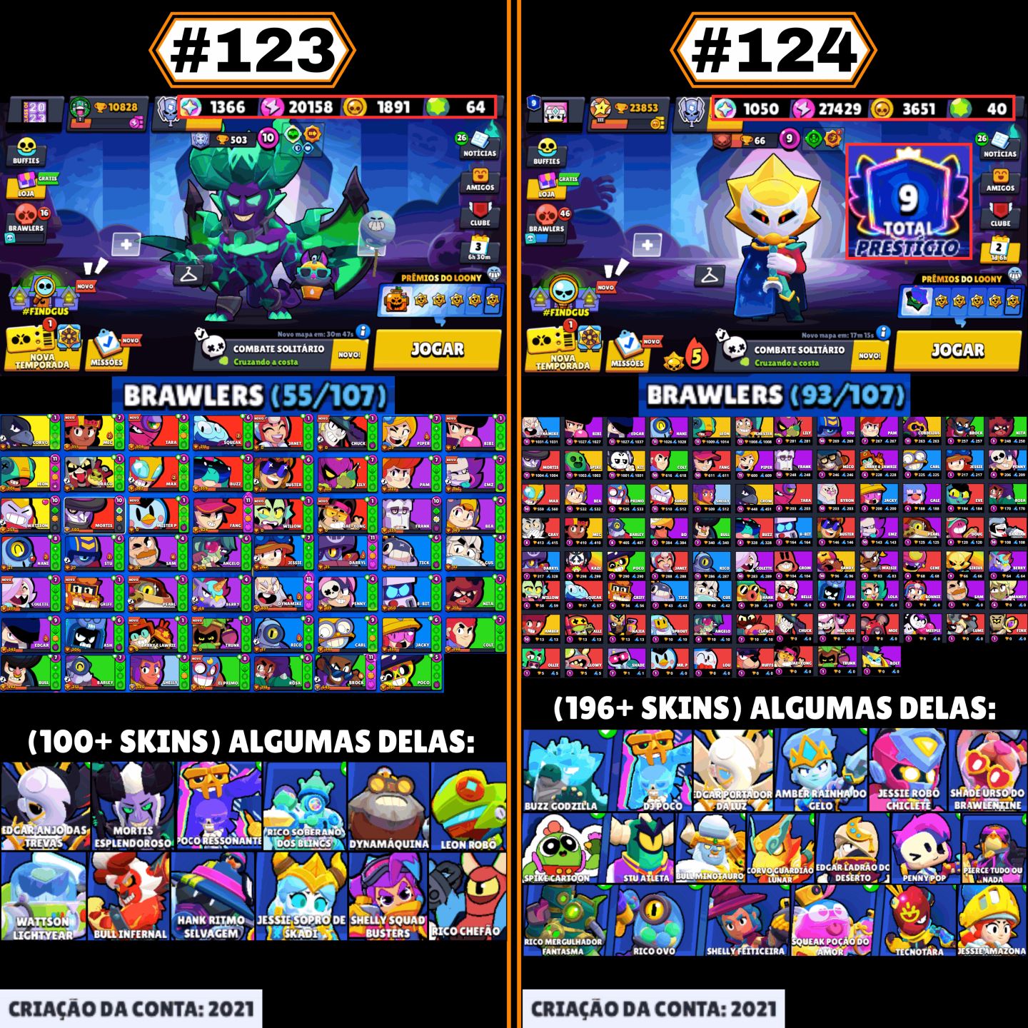CONTAS BRAWL STARS | LENDÁRIOS, HIPERCARGAS, SKINS RARAS, P11, GEMAS, TROFÉUS