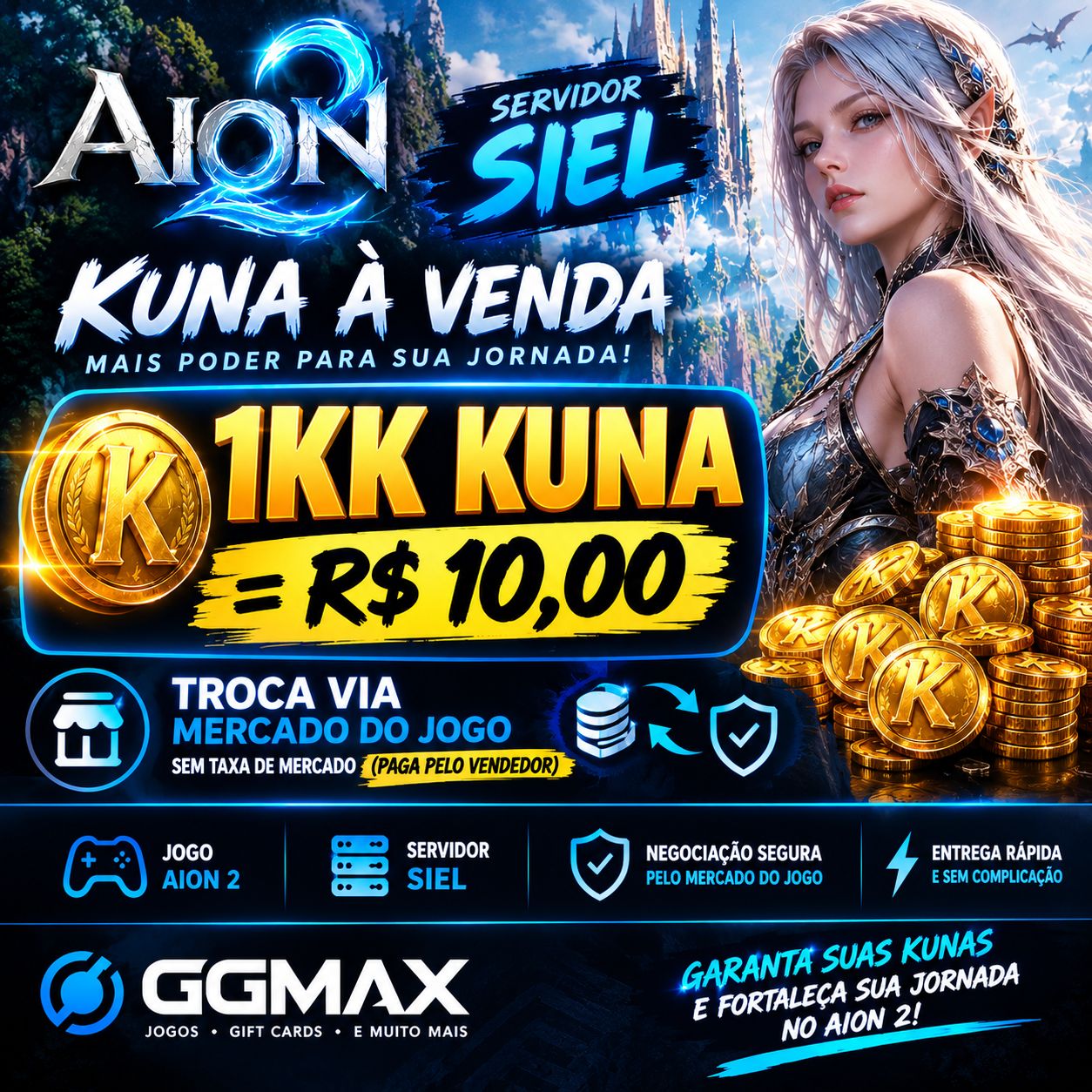 Aion 2 | 1KK Kuna por R$ 10,00 | Servidor Siel | Taxa Paga pelo Vendedor