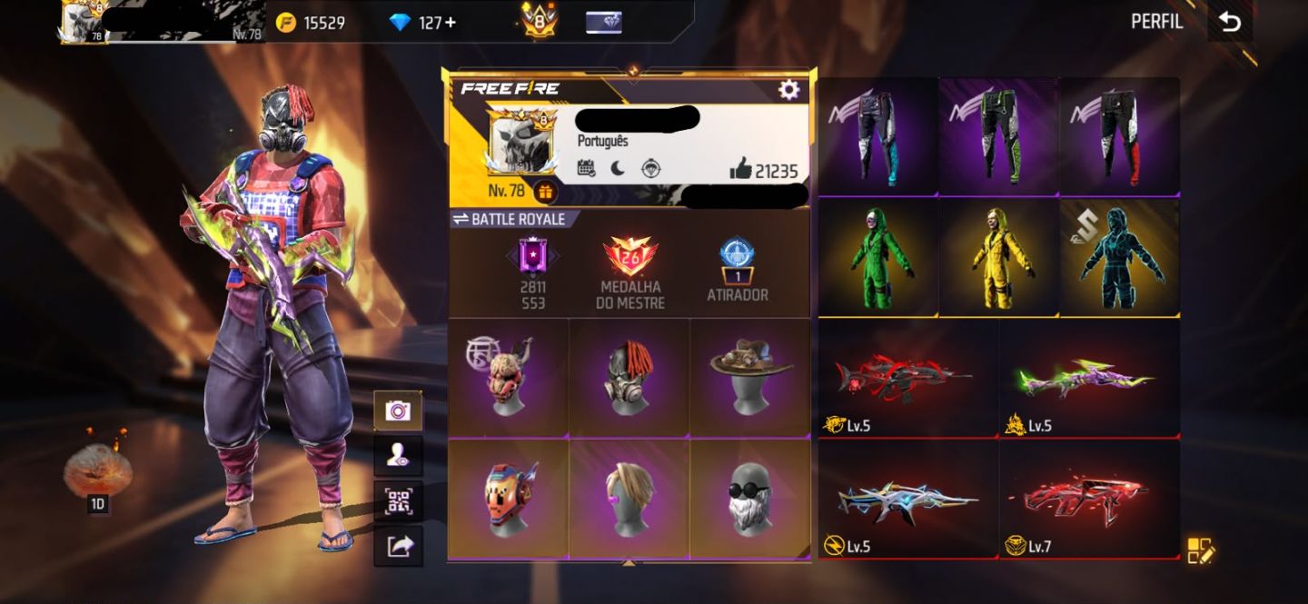 Conta free fire gemada com primeiro terceiro setimo passe 970 peitorais prime 8