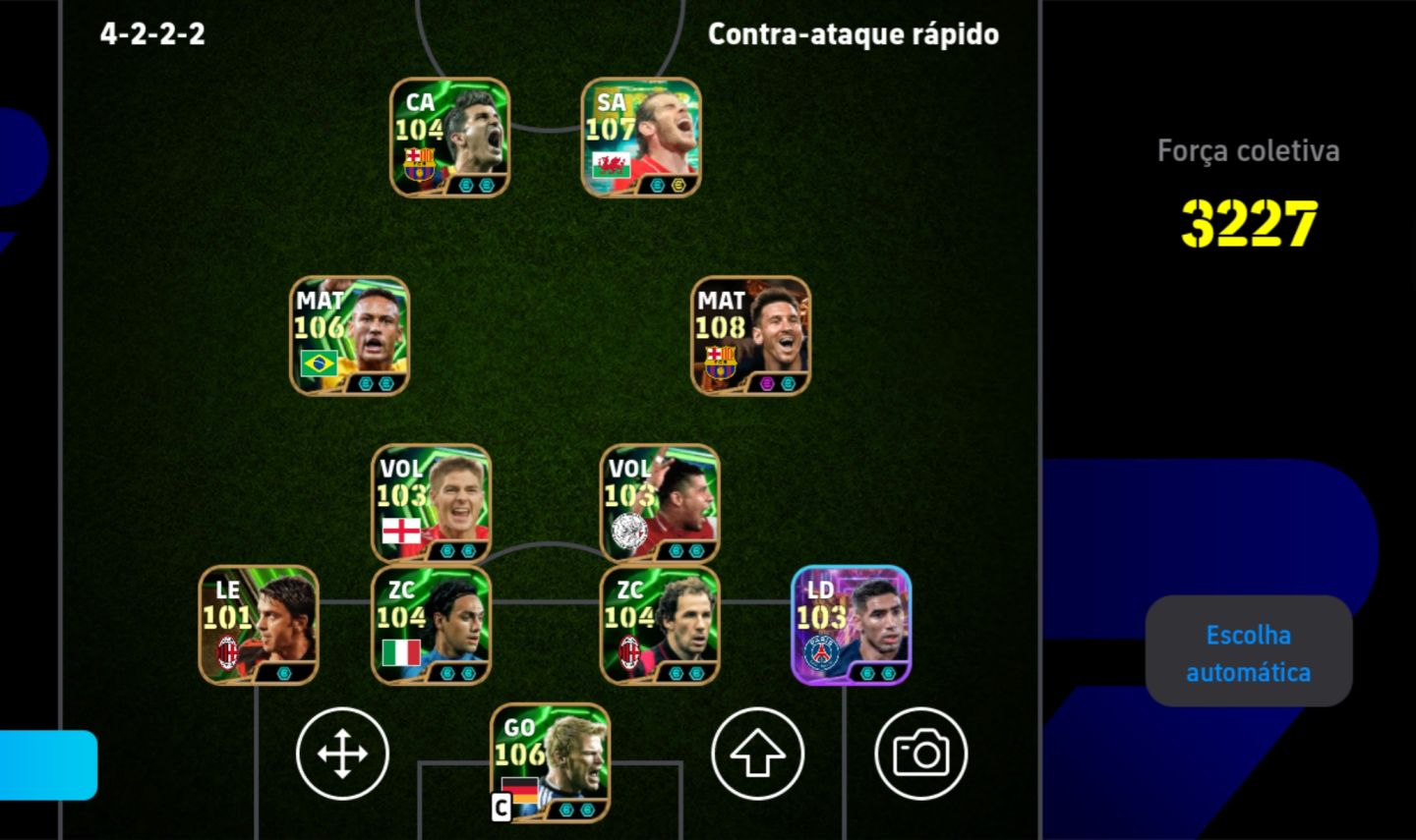 Conta efootball com Neymar das olimpíadas e Messi do trio msn e bale