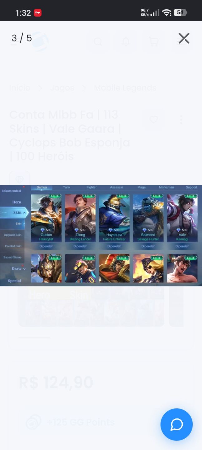 Conta Mlbb quase Full - vale Gara, Bob esponja, seiya