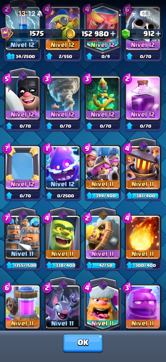 CONTA CLASH ROYALE 11821 Troféus, CORREDOR NVL 16 POSSUI TODAS AS CARTAS
