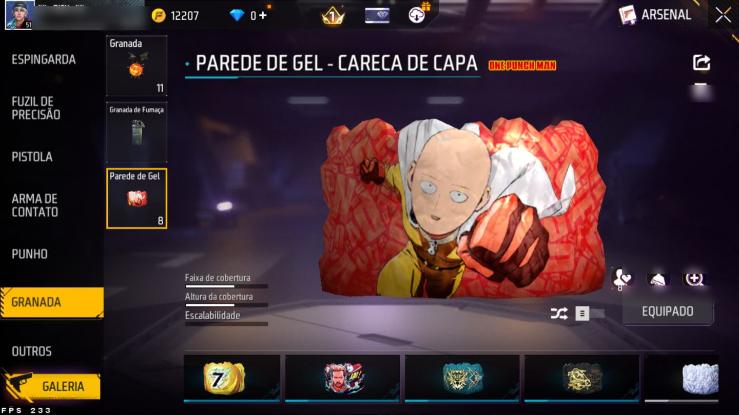 Conta Free Fire nível 51, várias skins de armas, paredes de gel e diversos itens