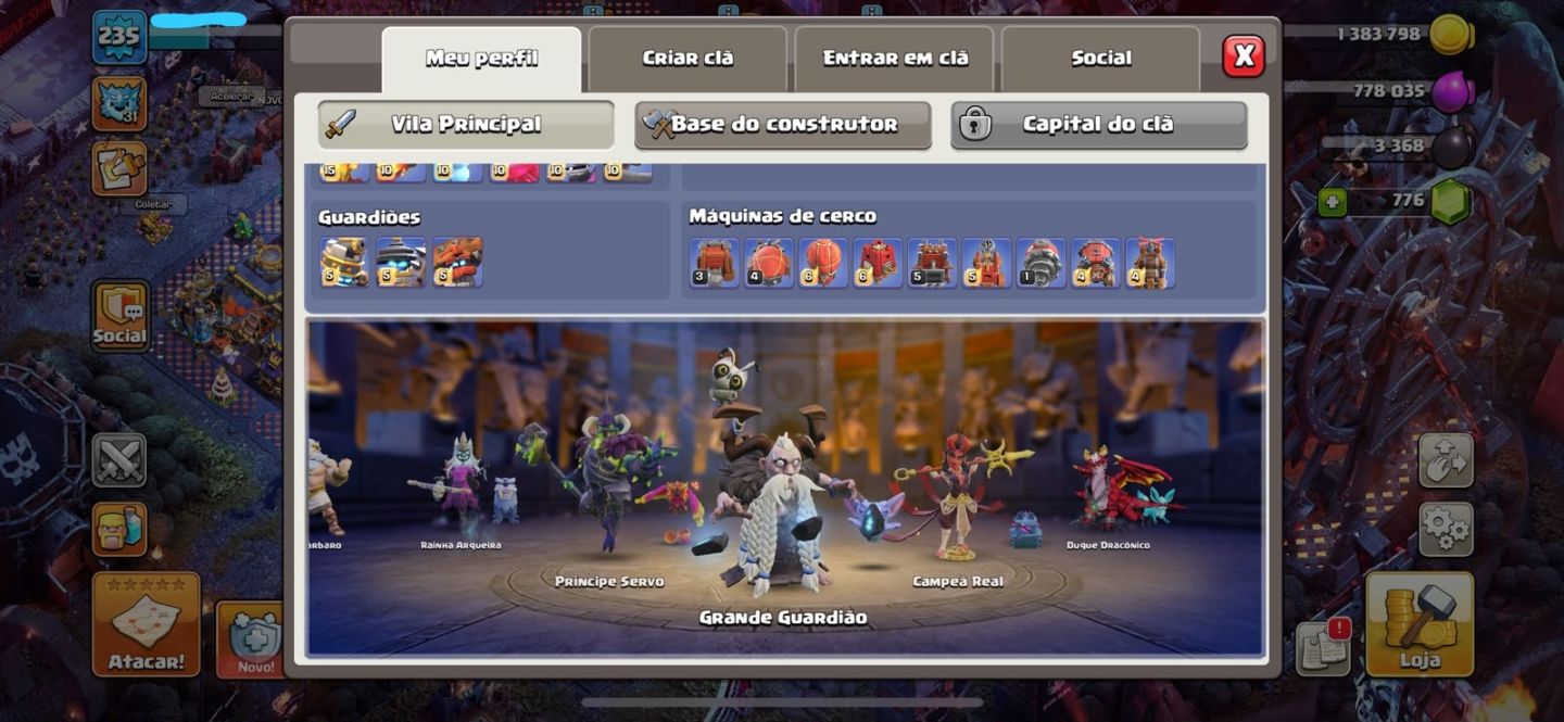 Conta Clash of Clans Nível 235 Heróis Altos Skins Lendárias Equipament Evoluídos