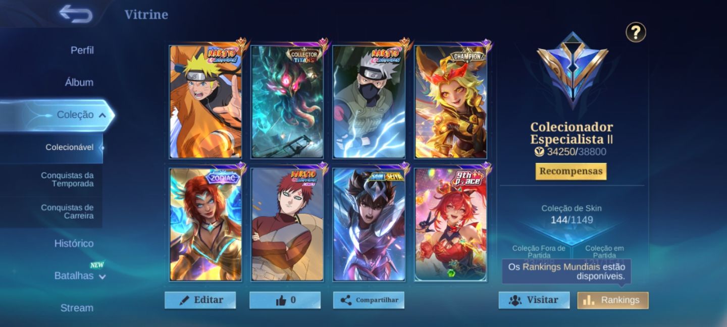 Conta de mobile legends com skins do Naruto e colector