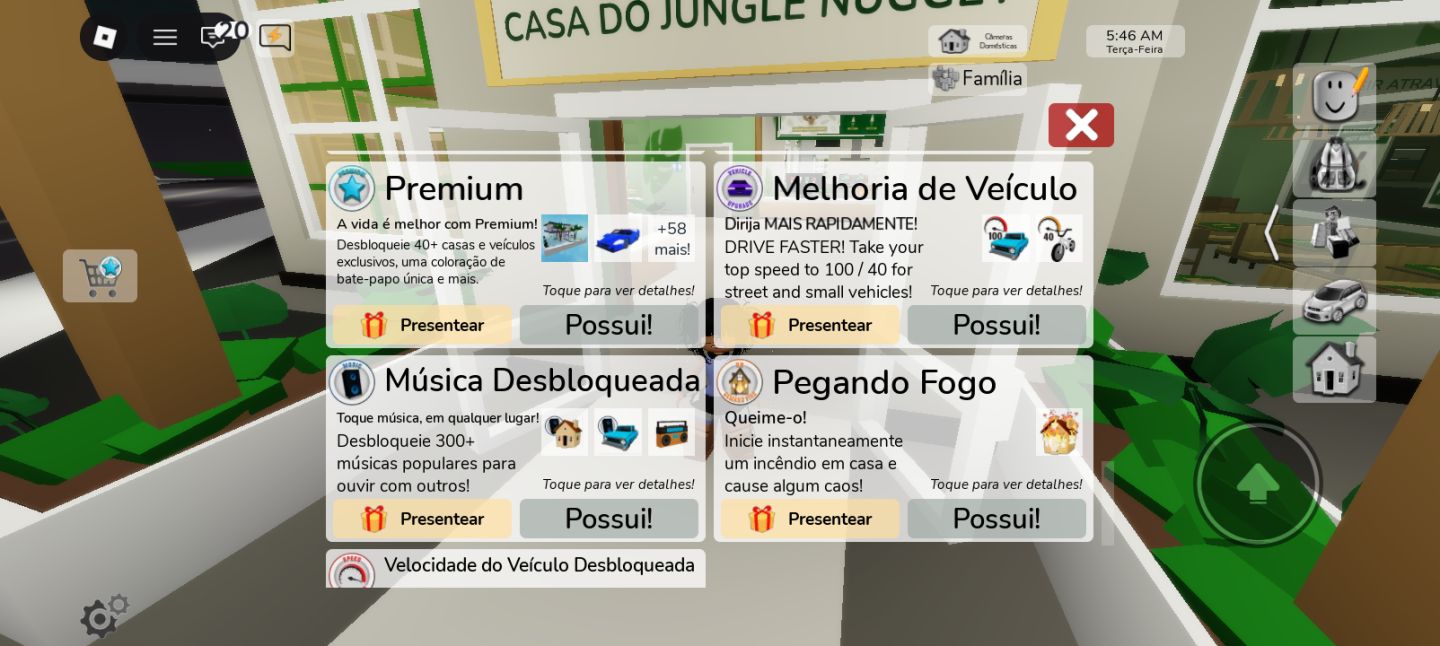 CONTA ROBLOX BROOKHAVEN PREMIUM | +4 PASSES PAGOS (VEÍCULOS/VELOCIDADE/MÚSICA)